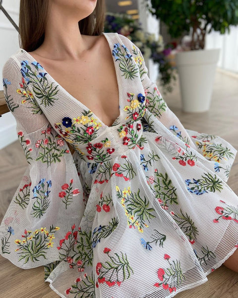 Sexy V-Neck Elegant Floral Embroidered Lantern Sleeve Mini Dress CODE: KAR1384