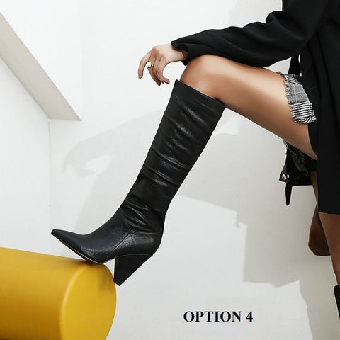 Sequined Leather High Heel Pointed Toe Long Boots CODE: KAR1389