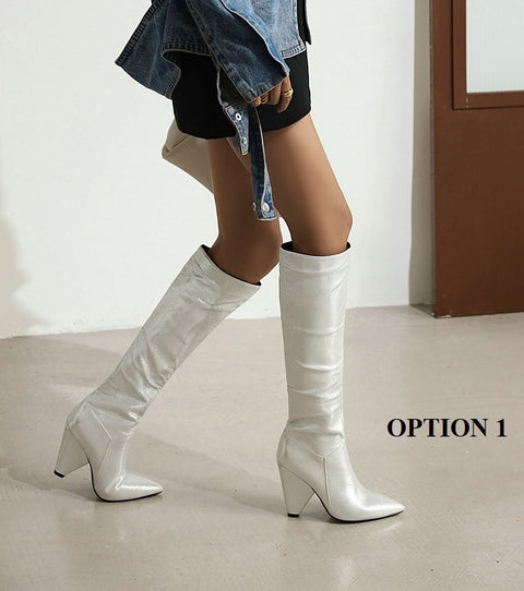 Sequined Leather High Heel Pointed Toe Long Boots CODE: KAR1389