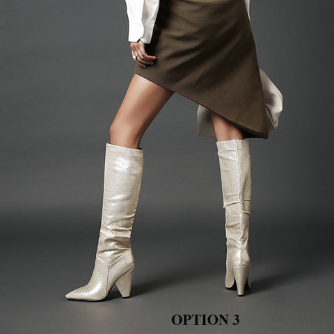 Sequined Leather High Heel Pointed Toe Long Boots CODE: KAR1389