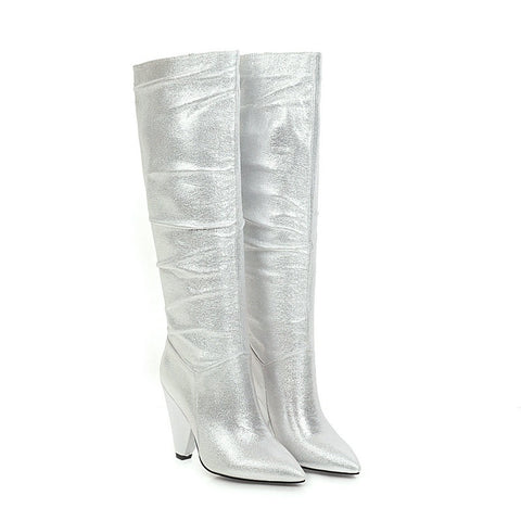 Sequined Leather High Heel Pointed Toe Long Boots CODE: KAR1389