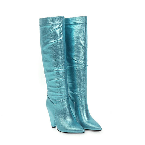 Sequined Leather High Heel Pointed Toe Long Boots CODE: KAR1389