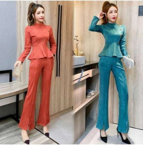 Autumn Winter 2 Piece Set Button Ruffle Top and High Waist Flare Pant CODE: KAR1396