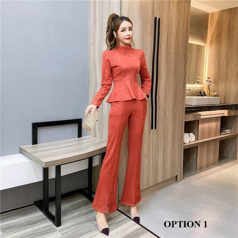 Autumn Winter 2 Piece Set Button Ruffle Top and High Waist Flare Pant CODE: KAR1396