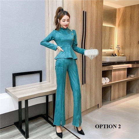 Autumn Winter 2 Piece Set Button Ruffle Top and High Waist Flare Pant CODE: KAR1396
