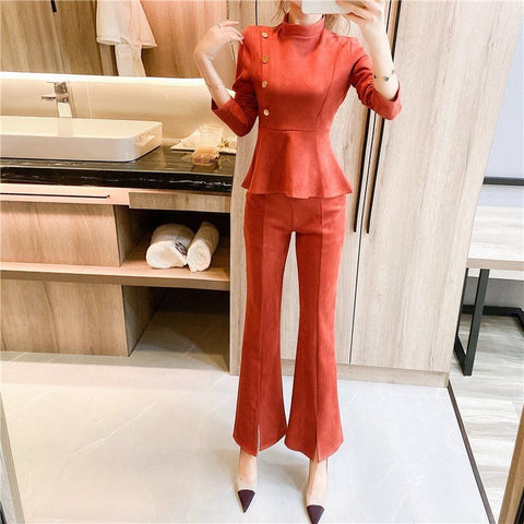 Autumn Winter 2 Piece Set Button Ruffle Top and High Waist Flare Pant CODE: KAR1396