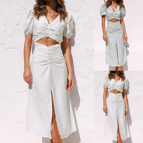 Sexy Puff Sleeve Hollow Out High Split Bodycon Party Dress CODE: KAR1401