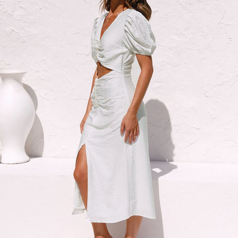 Sexy Puff Sleeve Hollow Out High Split Bodycon Party Dress CODE: KAR1401