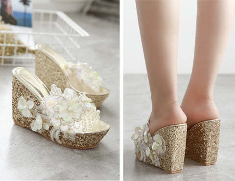 Flowers Lace Pearls Clear Wedge Super Flip flops Platform Sandal CODE: KAR1422