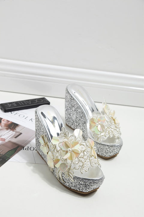 Flowers Lace Pearls Clear Wedge Super Flip flops Platform Sandal CODE: KAR1422