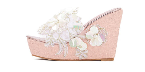 Flowers Lace Pearls Clear Wedge Super Flip flops Platform Sandal CODE: KAR1422