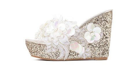 Flowers Lace Pearls Clear Wedge Super Flip flops Platform Sandal CODE: KAR1422