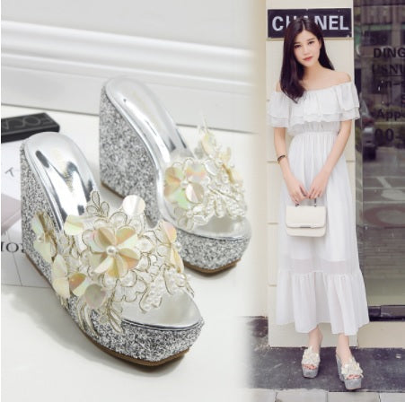 Flowers Lace Pearls Clear Wedge Super Flip flops Platform Sandal CODE: KAR1422