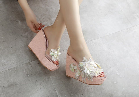Flowers Lace Pearls Clear Wedge Super Flip flops Platform Sandal CODE: KAR1422