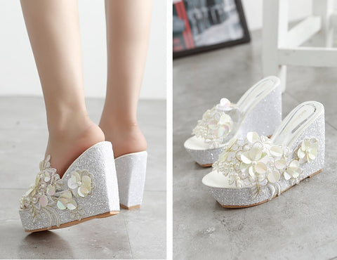 Flowers Lace Pearls Clear Wedge Super Flip flops Platform Sandal CODE: KAR1422