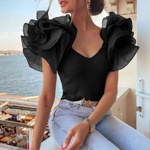 Elegant Solid Princess Sleeves V neck Black Top CODE: KAR1433