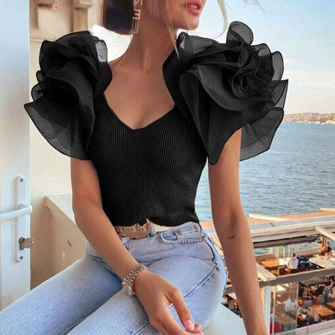 Elegant Solid Princess Sleeves V neck Black Top CODE: KAR1433