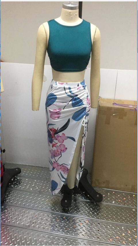Sexy Print Short Blouse and Ruched Skirt Two-piece Set CODE: KAR1434