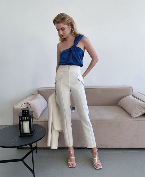 Sexy Diagonal Shoulder Satin Backing Crop Top CODE: KAR1437