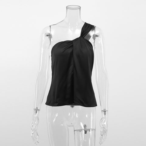 Sexy Diagonal Shoulder Satin Backing Crop Top CODE: KAR1437