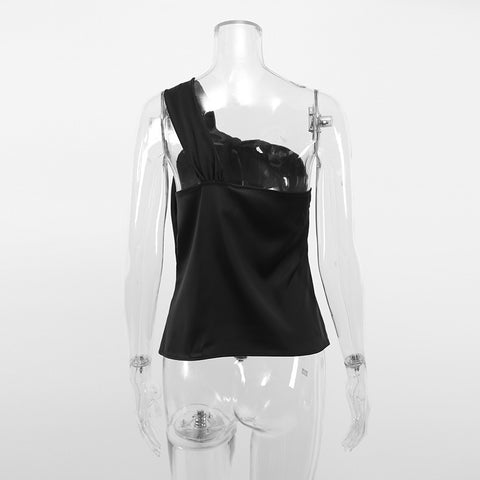Sexy Diagonal Shoulder Satin Backing Crop Top CODE: KAR1437