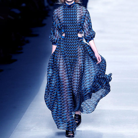 Hottest Blue Stripes Long Sleeves Turtleneck Sexy Hollow Out Waist A line Floor Length Charming Party Dress CODE: KAR1442