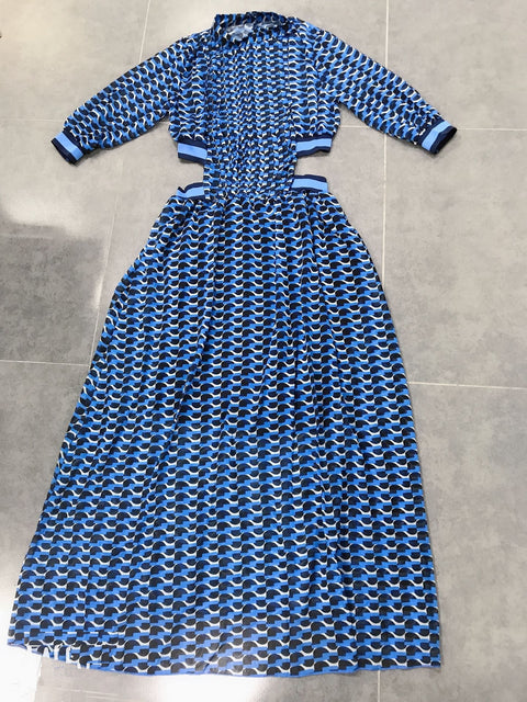 Hottest Blue Stripes Long Sleeves Turtleneck Sexy Hollow Out Waist A line Floor Length Charming Party Dress CODE: KAR1442