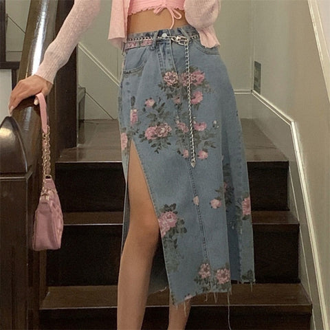 Flowers Print Long High Waist Slim Sexy Open Split Straight Skirt CODE: KAR1449