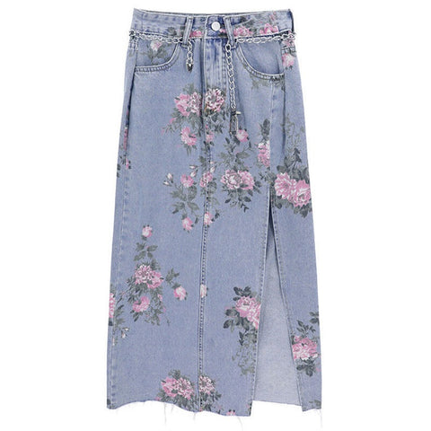 Flowers Print Long High Waist Slim Sexy Open Split Straight Skirt CODE: KAR1449