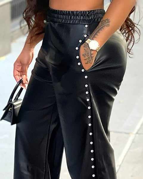 New Casual  Solid Color Loose Wide Leg Pocket Pant CODE: KAR1452