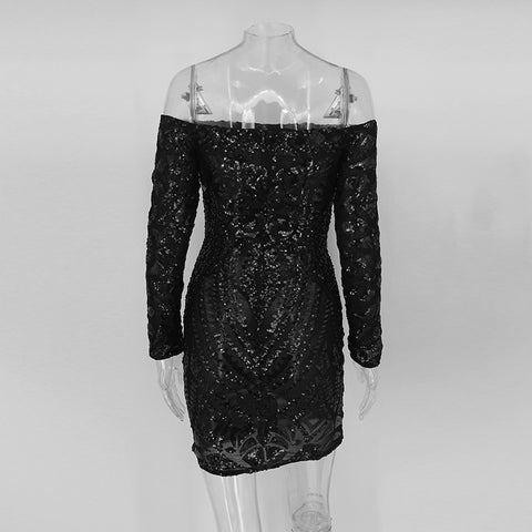 sequins a word shoulder long-sleeved dress CODE: KAR1454