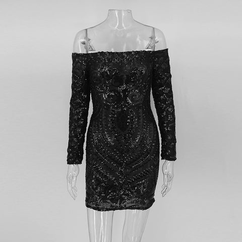 sequins a word shoulder long-sleeved dress CODE: KAR1454