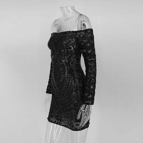 sequins a word shoulder long-sleeved dress CODE: KAR1454
