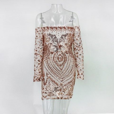 sequins a word shoulder long-sleeved dress CODE: KAR1454