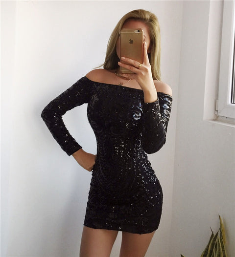 sequins a word shoulder long-sleeved dress CODE: KAR1454