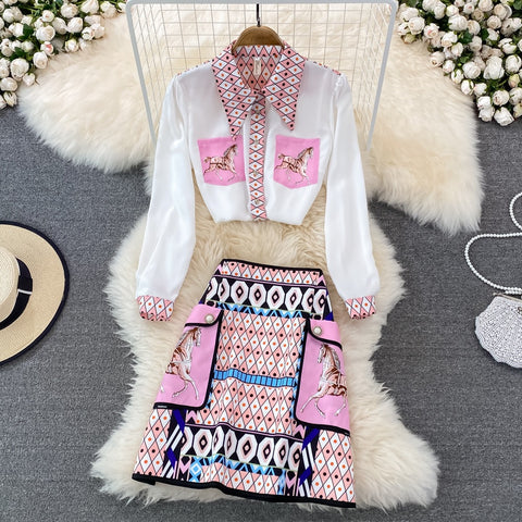 New Fashion Celebrity Temperament Print Loose Long Sleeve Shirt High Waist Skirt 2-piece Set CODE: KAR1457