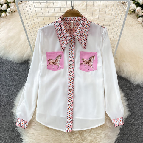 New Fashion Celebrity Temperament Print Loose Long Sleeve Shirt High Waist Skirt 2-piece Set CODE: KAR1457