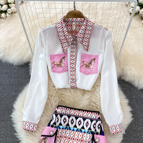 New Fashion Celebrity Temperament Print Loose Long Sleeve Shirt High Waist Skirt 2-piece Set CODE: KAR1457