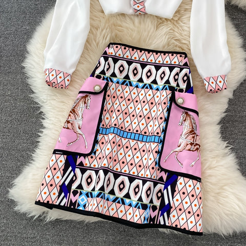 New Fashion Celebrity Temperament Print Loose Long Sleeve Shirt High Waist Skirt 2-piece Set CODE: KAR1457
