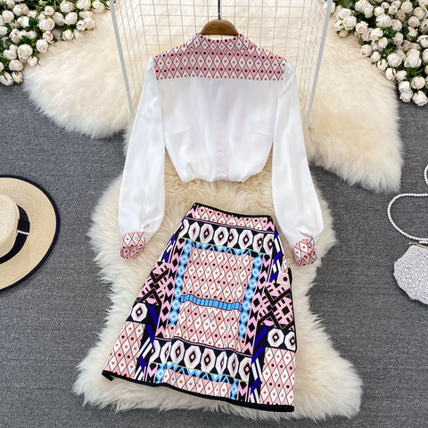 New Fashion Celebrity Temperament Print Loose Long Sleeve Shirt High Waist Skirt 2-piece Set CODE: KAR1457