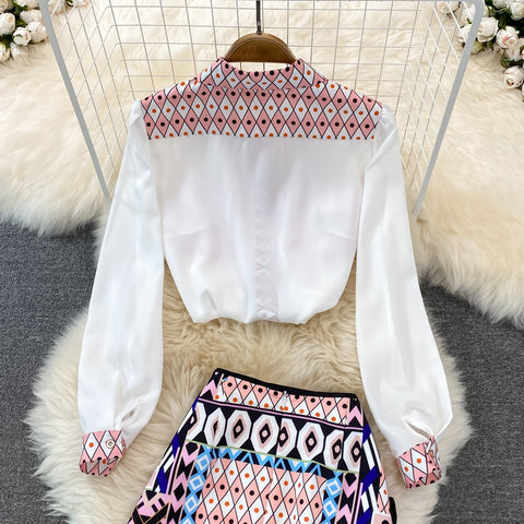New Fashion Celebrity Temperament Print Loose Long Sleeve Shirt High Waist Skirt 2-piece Set CODE: KAR1457