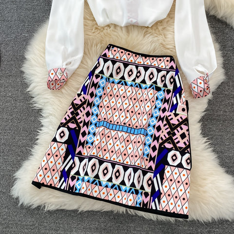 New Fashion Celebrity Temperament Print Loose Long Sleeve Shirt High Waist Skirt 2-piece Set CODE: KAR1457