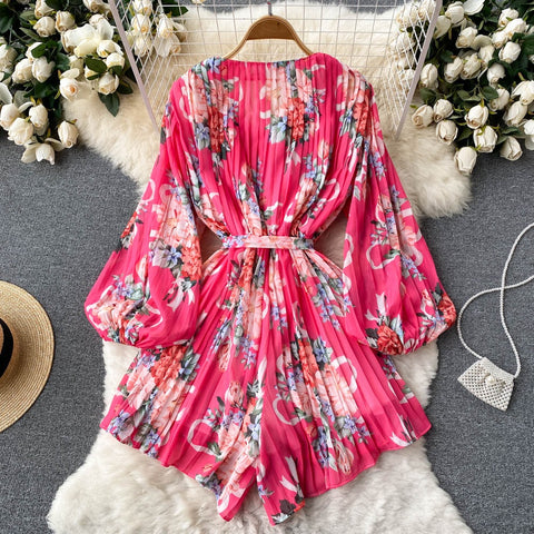 New V-Neck Long Sleeve Slim Sweet Floral Pleated Jumpsuits CODE: KAR1458
