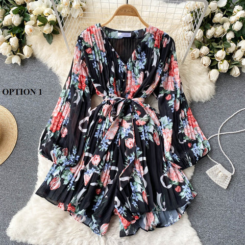 New V-Neck Long Sleeve Slim Sweet Floral Pleated Jumpsuits CODE: KAR1458