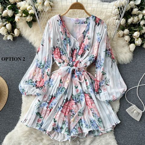New V-Neck Long Sleeve Slim Sweet Floral Pleated Jumpsuits CODE: KAR1458
