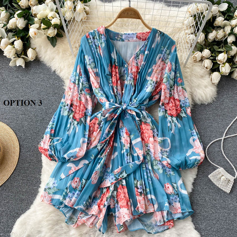 New V-Neck Long Sleeve Slim Sweet Floral Pleated Jumpsuits CODE: KAR1458