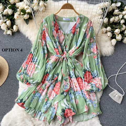 New V-Neck Long Sleeve Slim Sweet Floral Pleated Jumpsuits CODE: KAR1458