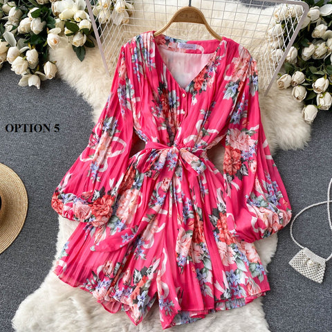 New V-Neck Long Sleeve Slim Sweet Floral Pleated Jumpsuits CODE: KAR1458