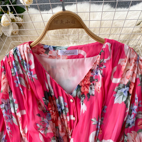 New V-Neck Long Sleeve Slim Sweet Floral Pleated Jumpsuits CODE: KAR1458