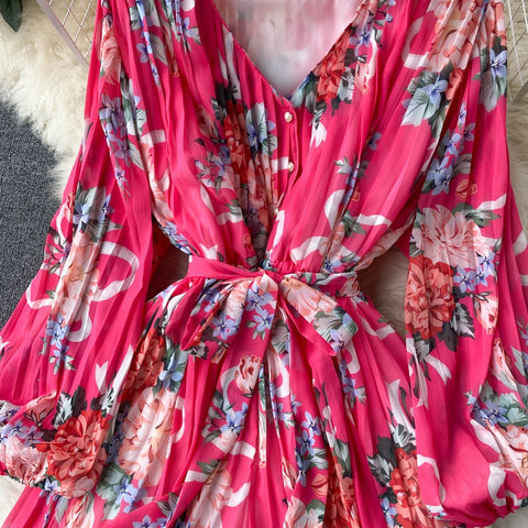 New V-Neck Long Sleeve Slim Sweet Floral Pleated Jumpsuits CODE: KAR1458